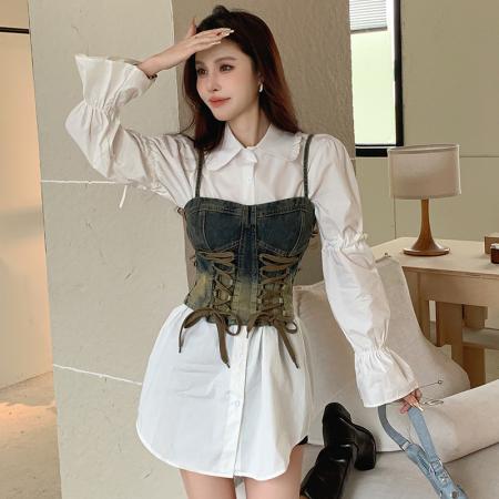 BY12064# 时尚绑带设计感甜酷复古牛仔吊带背心减龄显瘦衬衫两件套装女 服裝批發女裝批發服飾貨源