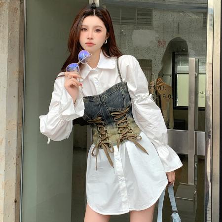 BY12064# 时尚绑带设计感甜酷复古牛仔吊带背心减龄显瘦衬衫两件套装女 服裝批發女裝批發服飾貨源