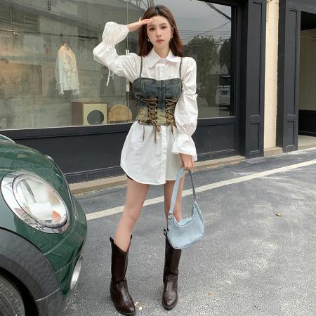 BY12064# 时尚绑带设计感甜酷复古牛仔吊带背心减龄显瘦衬衫两件套装女 服裝批發女裝批發服飾貨源