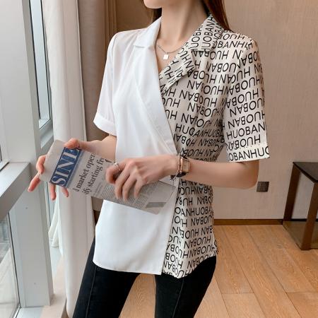 新款夏季拼接雪纺衬衫女士短袖洋气设计感衬衣西装领百搭上衣 服裝批發女裝批發服飾貨源