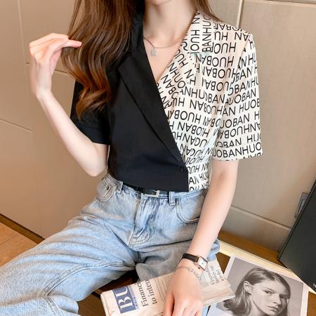 新款夏季拼接雪纺衬衫女士短袖洋气设计感衬衣西装领百搭上衣 服裝批發女裝批發服飾貨源