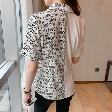 新款夏季拼接雪纺衬衫女士短袖洋气设计感衬衣西装领百搭上衣 服裝批發女裝批發服飾貨源