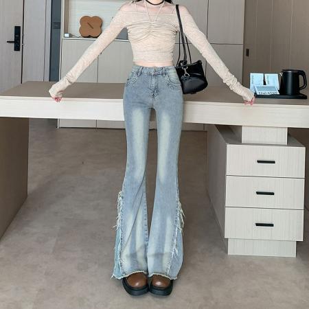 新款高腰复古毛边微喇叭牛仔裤女显瘦修身马蹄裤长裤子 服裝批發女裝批發服飾貨源