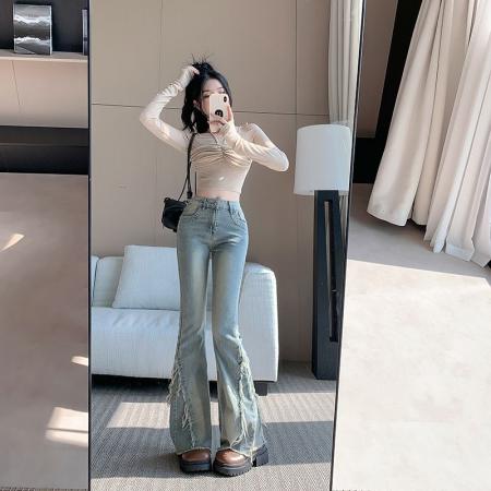 新款高腰复古毛边微喇叭牛仔裤女显瘦修身马蹄裤长裤子 服裝批發女裝批發服飾貨源