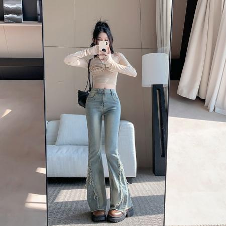 新款高腰复古毛边微喇叭牛仔裤女显瘦修身马蹄裤长裤子 服裝批發女裝批發服飾貨源