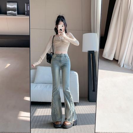 新款高腰复古毛边微喇叭牛仔裤女显瘦修身马蹄裤长裤子 服裝批發女裝批發服飾貨源