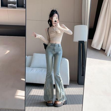 新款高腰复古毛边微喇叭牛仔裤女显瘦修身马蹄裤长裤子 服裝批發女裝批發服飾貨源