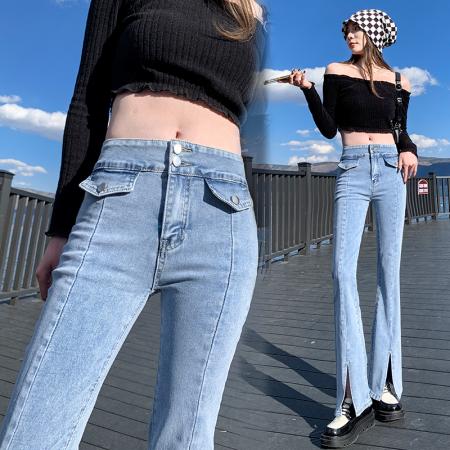 BY12070# 浅色开叉牛仔...