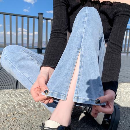 浅色开叉牛仔微喇裤女春季新款高腰小个子弹力提臀阔腿裤 服裝批發女裝批發服飾貨源