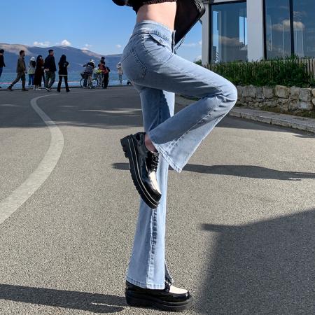 浅色开叉牛仔微喇裤女春季新款高腰小个子弹力提臀阔腿裤 服裝批發女裝批發服飾貨源