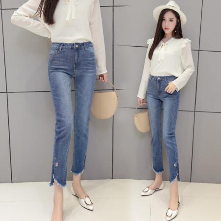 高腰开叉提臀牛仔裤女春夏季韩版弹力显瘦修身窄款微喇裤 服裝批發女裝批發服飾貨源