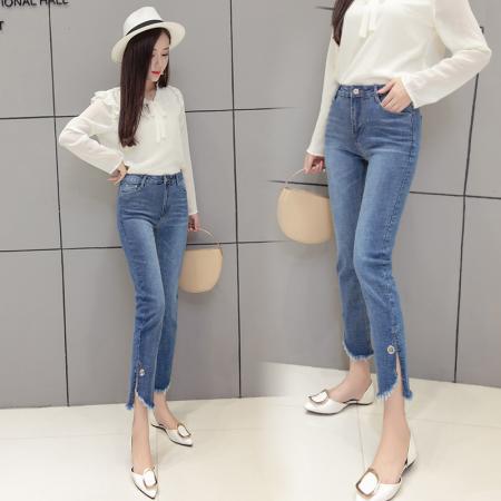 高腰开叉提臀牛仔裤女春夏季韩版弹力显瘦修身窄款微喇裤 服裝批發女裝批發服飾貨源