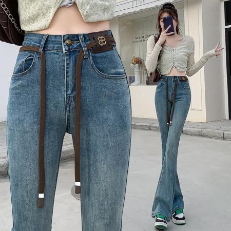 高腰提臀辣妹微喇牛仔裤女早春新款韩版显瘦设计感马蹄裤 服裝批發女裝批發服飾貨源