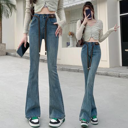 高腰提臀辣妹微喇牛仔裤女早春新款韩版显瘦设计感马蹄裤 服裝批發女裝批發服飾貨源