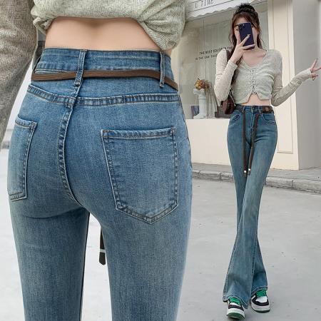 高腰提臀辣妹微喇牛仔裤女早春新款韩版显瘦设计感马蹄裤 服裝批發女裝批發服飾貨源