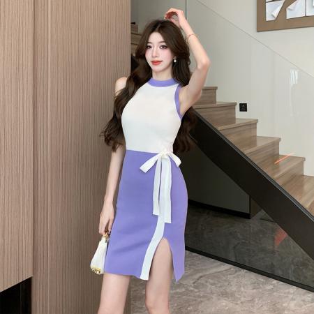 夏季名媛气质黑白拼接开叉包臂短裙挂脖修身针织连衣裙女 服裝批發女裝批發服飾貨源