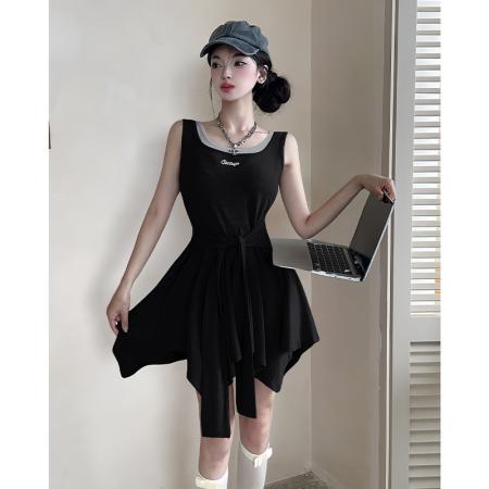 韩版甜辣修身显瘦刺绣拼接假两件连衣裙绑带收腰吊带裙 服裝批發女裝批發服飾貨源