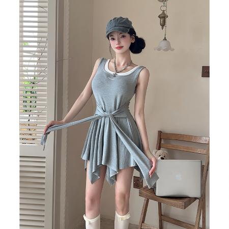 韩版甜辣修身显瘦刺绣拼接假两件连衣裙绑带收腰吊带裙 服裝批發女裝批發服飾貨源