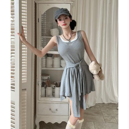 韩版甜辣修身显瘦刺绣拼接假两件连衣裙绑带收腰吊带裙 服裝批發女裝批發服飾貨源