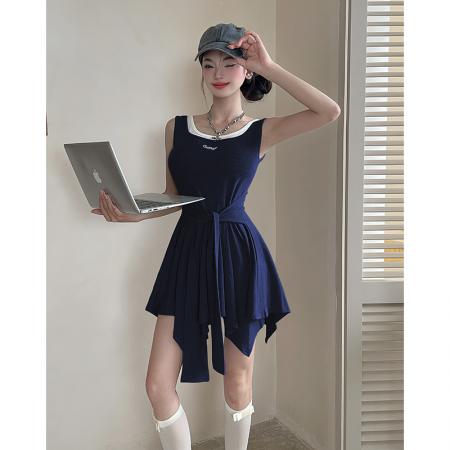 韩版甜辣修身显瘦刺绣拼接假两件连衣裙绑带收腰吊带裙 服裝批發女裝批發服飾貨源