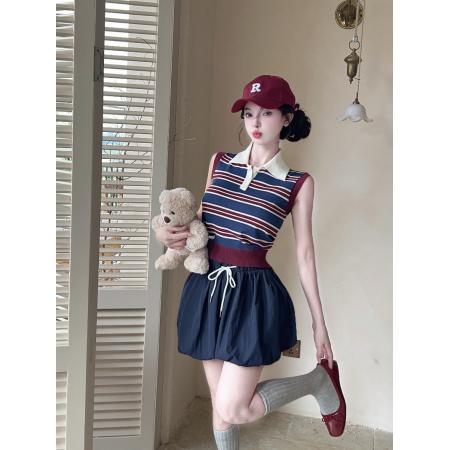 BY12075# 甜辣妹撞色条纹Polo领针织背心加半身裙新款时尚两件套 服裝批發女裝批發服飾貨源