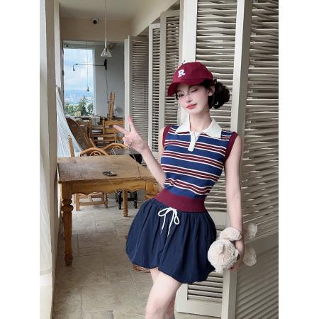 BY12075# 甜辣妹撞色条纹Polo领针织背心加半身裙新款时尚两件套 服裝批發女裝批發服飾貨源