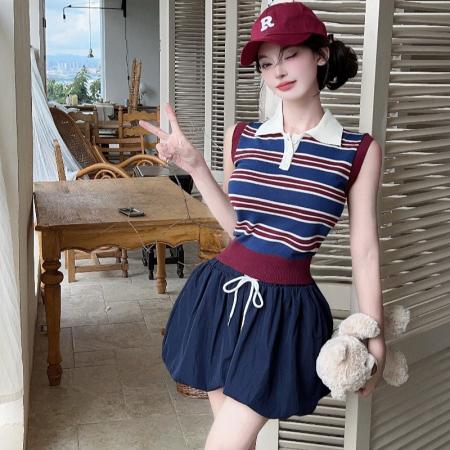 BY12075# 甜辣妹撞色条纹Polo领针织背心加半身裙新款时尚两件套 服裝批發女裝批發服飾貨源