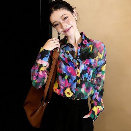 BY12080# 港风复古独特别致扎染印花长袖衬衫女春洋气减龄百搭单排扣花衬衣 服裝批發女裝批發服飾貨源