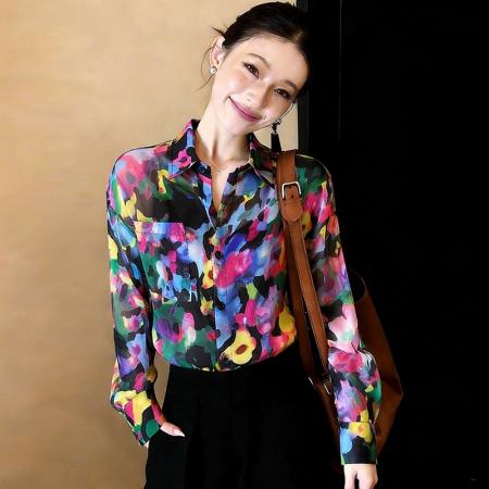 BY12080# 港风复古独特别致扎染印花长袖衬衫女春洋气减龄百搭单排扣花衬衣 服裝批發女裝批發服飾貨源
