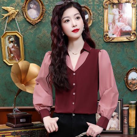 BY12081# 车厘子红假两件拼接衬衫女早春韩系高级小众不撞款上衣 服裝批發女裝批發服飾貨源