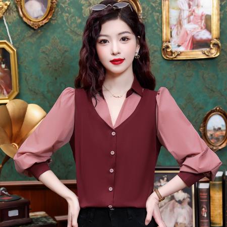 BY12081# 车厘子红假两件拼接衬衫女早春韩系高级小众不撞款上衣 服裝批發女裝批發服飾貨源