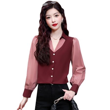 BY12081# 车厘子红假两件拼接衬衫女早春韩系高级小众不撞款上衣 服裝批發女裝批發服飾貨源
