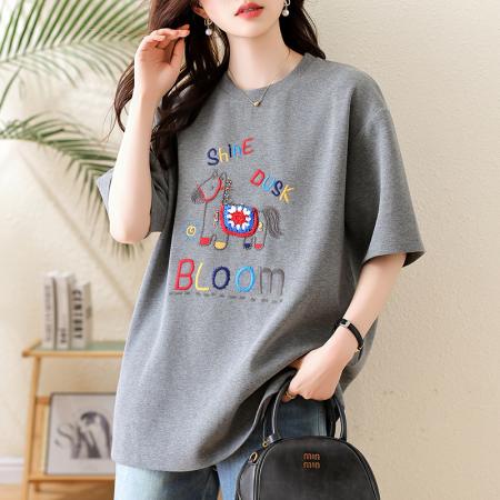 休闲卡通刺绣短袖T恤女春季新款上衣大码欧货宽松女装 服裝批發女裝批發服飾貨源