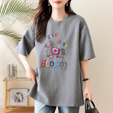 休闲卡通刺绣短袖T恤女春季新款上衣大码欧货宽松女装 服裝批發女裝批發服飾貨源