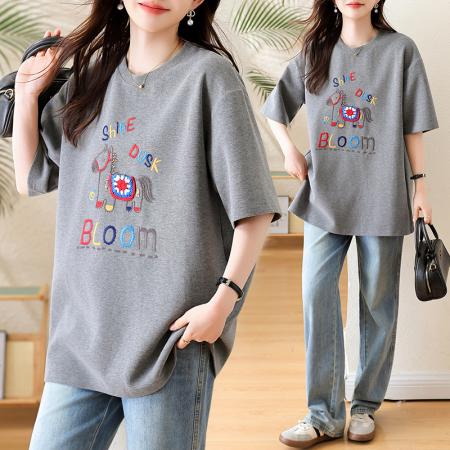 休闲卡通刺绣短袖T恤女春季新款上衣大码欧货宽松女装 服裝批發女裝批發服飾貨源