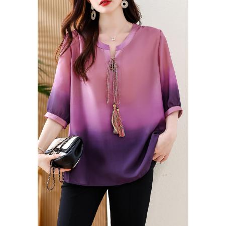 V领系带渐变中袖衬衫夏季洋气宽松休闲百搭天丝衬衣女 服裝批發女裝批發服飾貨源