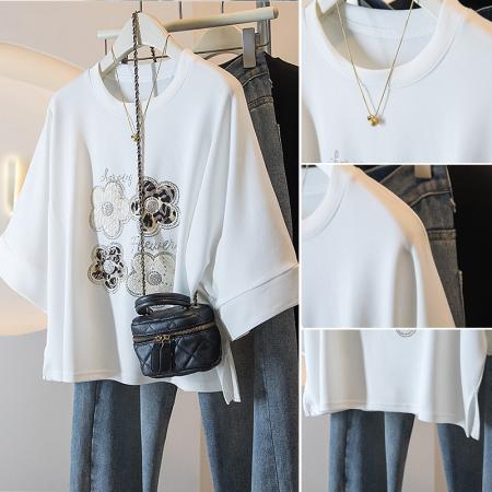 大码女装春季新款韩版胖MM高级感潮流小花设计感显瘦修身上衣 服裝批發女裝批發服飾貨源