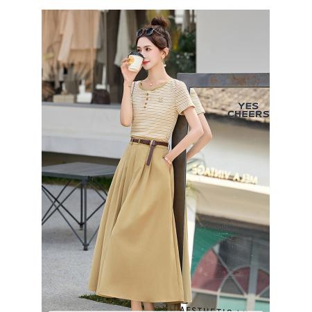 BY12086# 休闲条纹时尚套装女夏季新款洋气穿搭一整套上衣半身裙两件套 服裝批發女裝批發服飾貨源