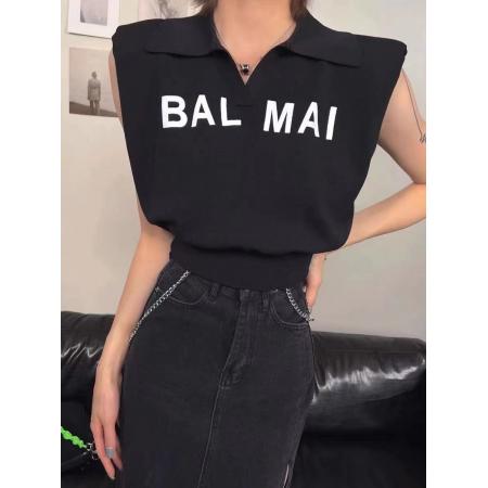 BY12087# 春夏洋气无袖束腰垫肩坎肩针织衫POLO领字母薄款时尚冰丝T恤 服裝批發女裝批發服飾貨源