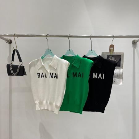 BY12087# 春夏洋气无袖束腰垫肩坎肩针织衫POLO领字母薄款时尚冰丝T恤 服裝批發女裝批發服飾貨源