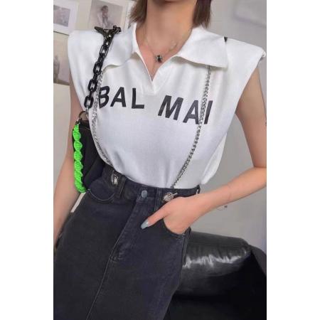 BY12087# 春夏洋气无袖束腰垫肩坎肩针织衫POLO领字母薄款时尚冰丝T恤 服裝批發女裝批發服飾貨源