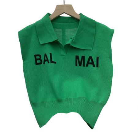 BY12087# 春夏洋气无袖束腰垫肩坎肩针织衫POLO领字母薄款时尚冰丝T恤 服裝批發女裝批發服飾貨源