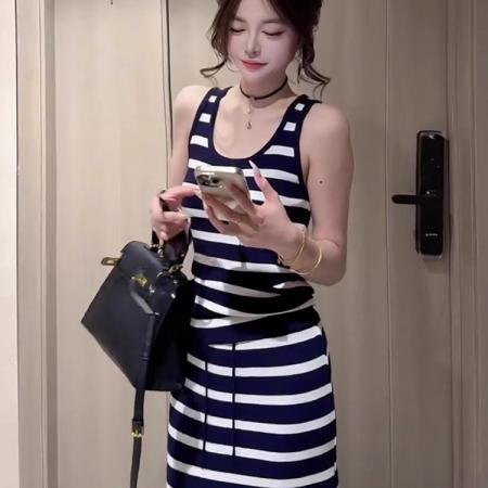 BY12089# 夏季新款复古U领修身撞色条纹吊带背心高腰抽绳半身裙套装女 服裝批發女裝批發服飾貨源