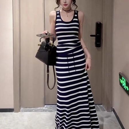 BY12089# 夏季新款复古U领修身撞色条纹吊带背心高腰抽绳半身裙套装女 服裝批發女裝批發服飾貨源