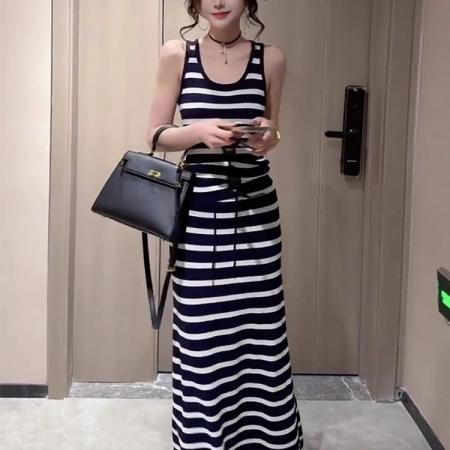 BY12089# 夏季新款复古U领修身撞色条纹吊带背心高腰抽绳半身裙套装女 服裝批發女裝批發服飾貨源