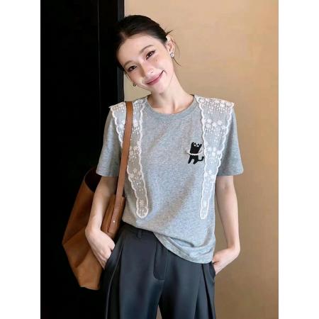 花朵蕾丝披肩珍珠小黑猫休闲短袖T恤女微宽松新款棉上衣 服裝批發女裝批發服飾貨源