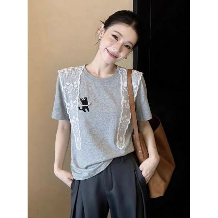 花朵蕾丝披肩珍珠小黑猫休闲短袖T恤女微宽松新款棉上衣 服裝批發女裝批發服飾貨源