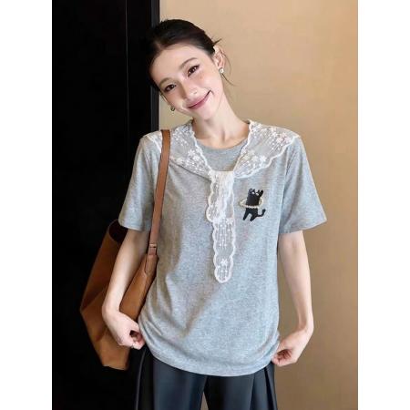 花朵蕾丝披肩珍珠小黑猫休闲短袖T恤女微宽松新款棉上衣 服裝批發女裝批發服飾貨源
