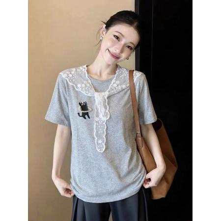 花朵蕾丝披肩珍珠小黑猫休闲短袖T恤女微宽松新款棉上衣 服裝批發女裝批發服飾貨源
