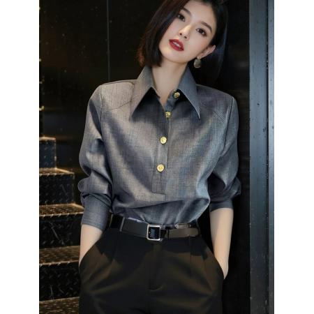 长袖衬衫女秋冬新款韩版宽松纯色翻领上衣高级感洋气衬衣外套 服裝批發女裝批發服飾貨源